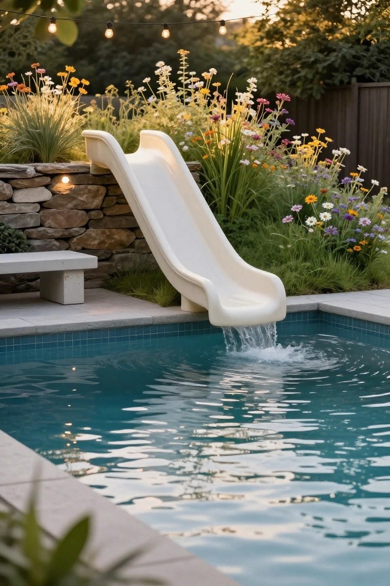 White plastic slide on a stone retaining wall leading into a turquoise-tiled pool, surrounded by colorful flowers, grasses, and string lights in a backyard at dusk.