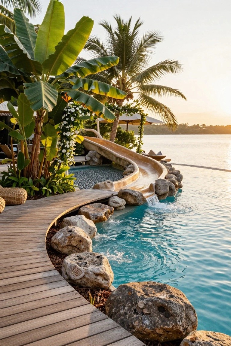 Curved tan waterslide integrated with large rocks descending into turquoise infinity pool, bordered by wooden walkway, tropical plants, palms, and overlooking a lagoon at sunset.