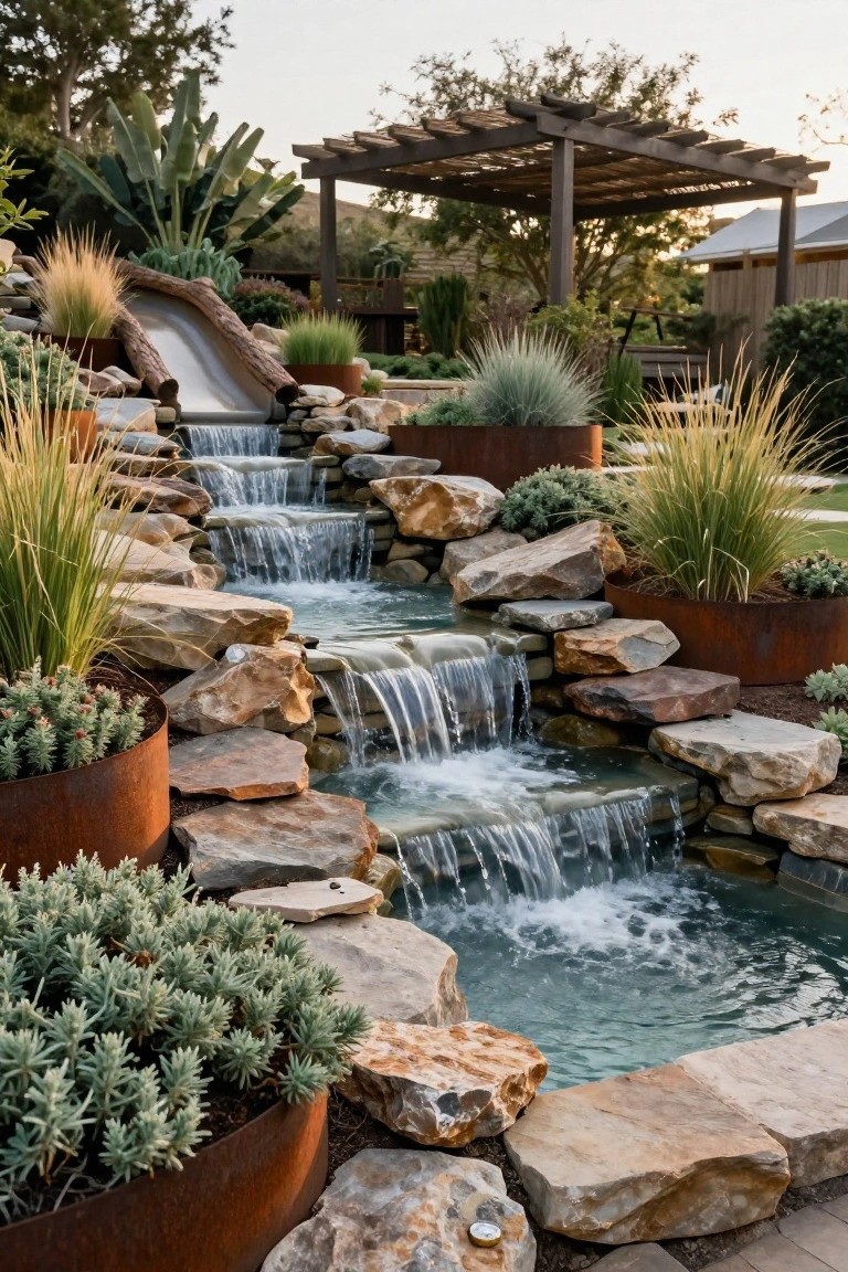 Backyard pool featuring a wooden slide integrated into a multi-tiered rock waterfall, surrounded by ornamental grasses in rusted metal planters and stone hardscaping.