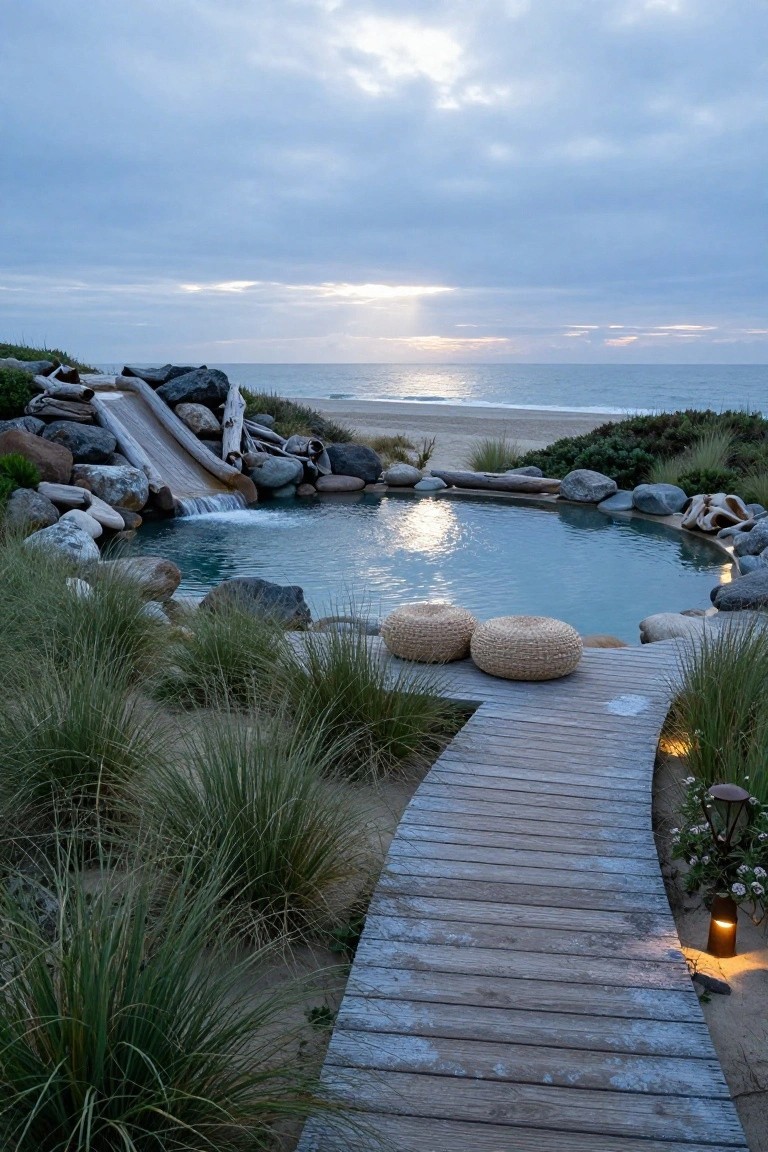 Turquoise oval pool with wooden slide over large rocks and driftwood, dune grasses around edges, wooden boardwalk path, pouf seats nearby, beach and ocean in background at dusk.