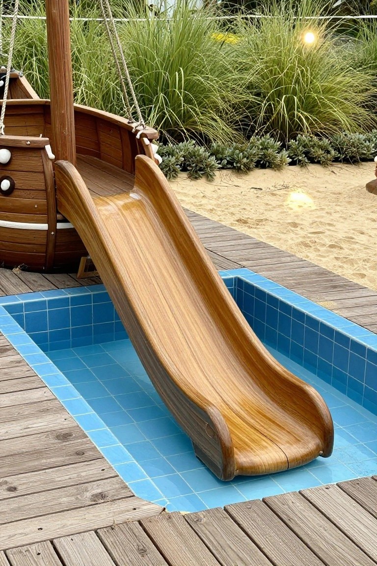 Wooden pirate ship playground with a long slide ending into a small blue-tiled pool on a wooden deck, surrounded by sand, grass, and plants.