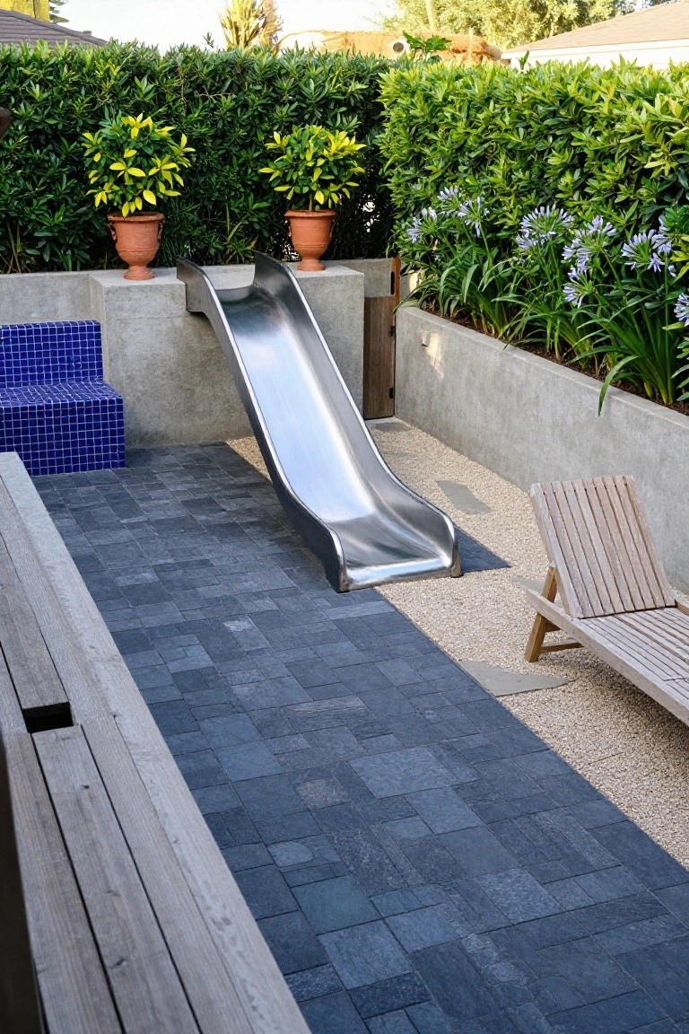 Outdoor poolside area with a stainless steel slide on a concrete platform, blue tiled bench, wooden lounge chair, hedges, potted plants, blue paver tiles, and gravel paths.