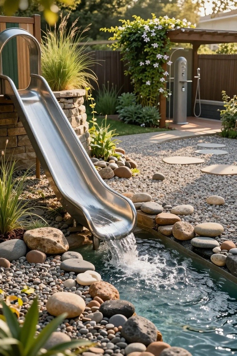 Stainless steel slide pouring water into a turquoise pool edged with large boulders, rounded rocks, pebbles, and plants in a backyard setting.