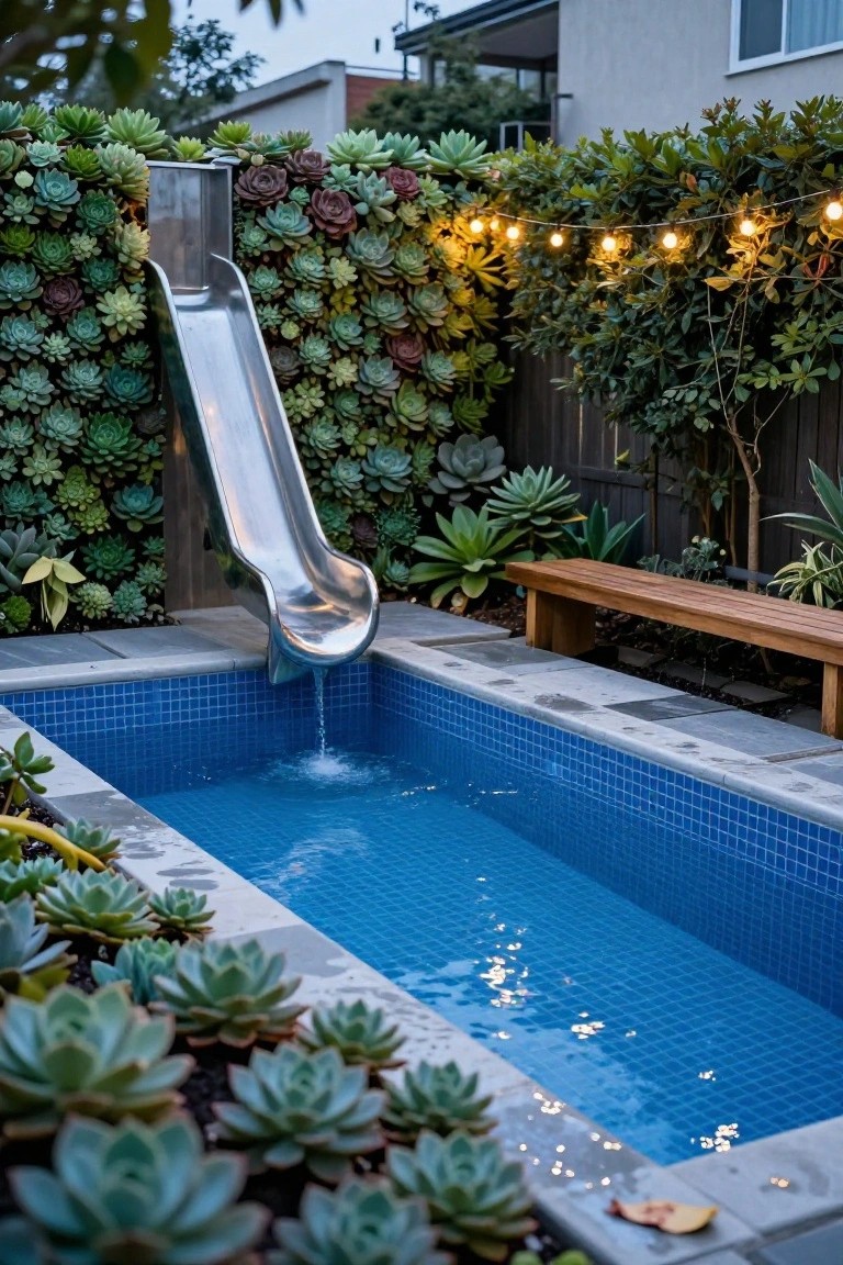 A stainless steel slide descends a vertical wall covered in colorful succulents into a small rectangular blue mosaic-tiled plunge pool, with string lights overhead, plants around the edges, and a wooden bench nearby in a backyard setting.