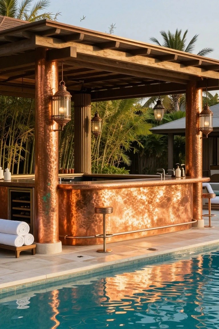 23 Fun Pool Pergola With Bar Ideas For Social Evenings Wooden pergola with hammered copper posts, bar counter, and lanterns beside a swimming pool, with tropical plants, bar stools, and towels nearby.