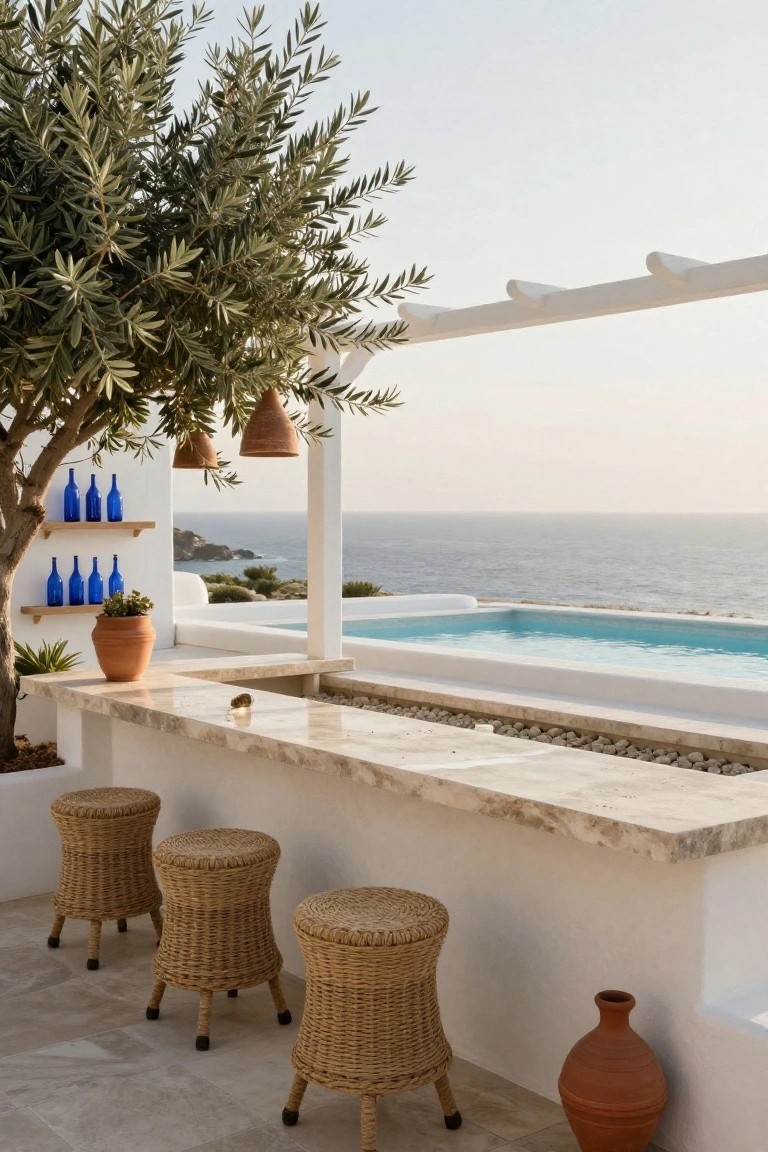 23 Fun Pool Pergola With Bar Ideas For Social Evenings White pergola with stone countertop bar extending over an infinity edge pool facing the ocean, olive tree with blue bottles on shelves, rattan stools, and terracotta pots nearby.
