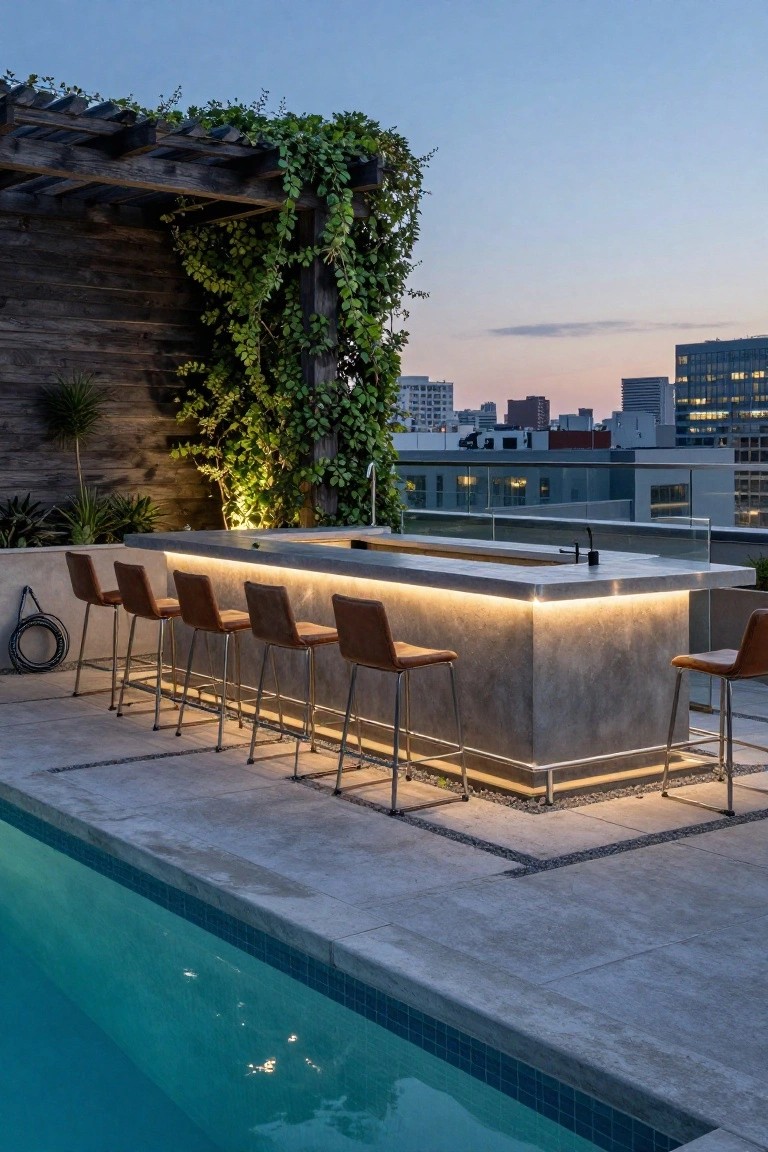 23 Fun Pool Pergola With Bar Ideas For Social Evenings Rooftop poolside bar counter made of concrete with underlighting and leather barstools under a vine-covered wooden pergola, adjacent to a turquoise pool with city skyline view at dusk.