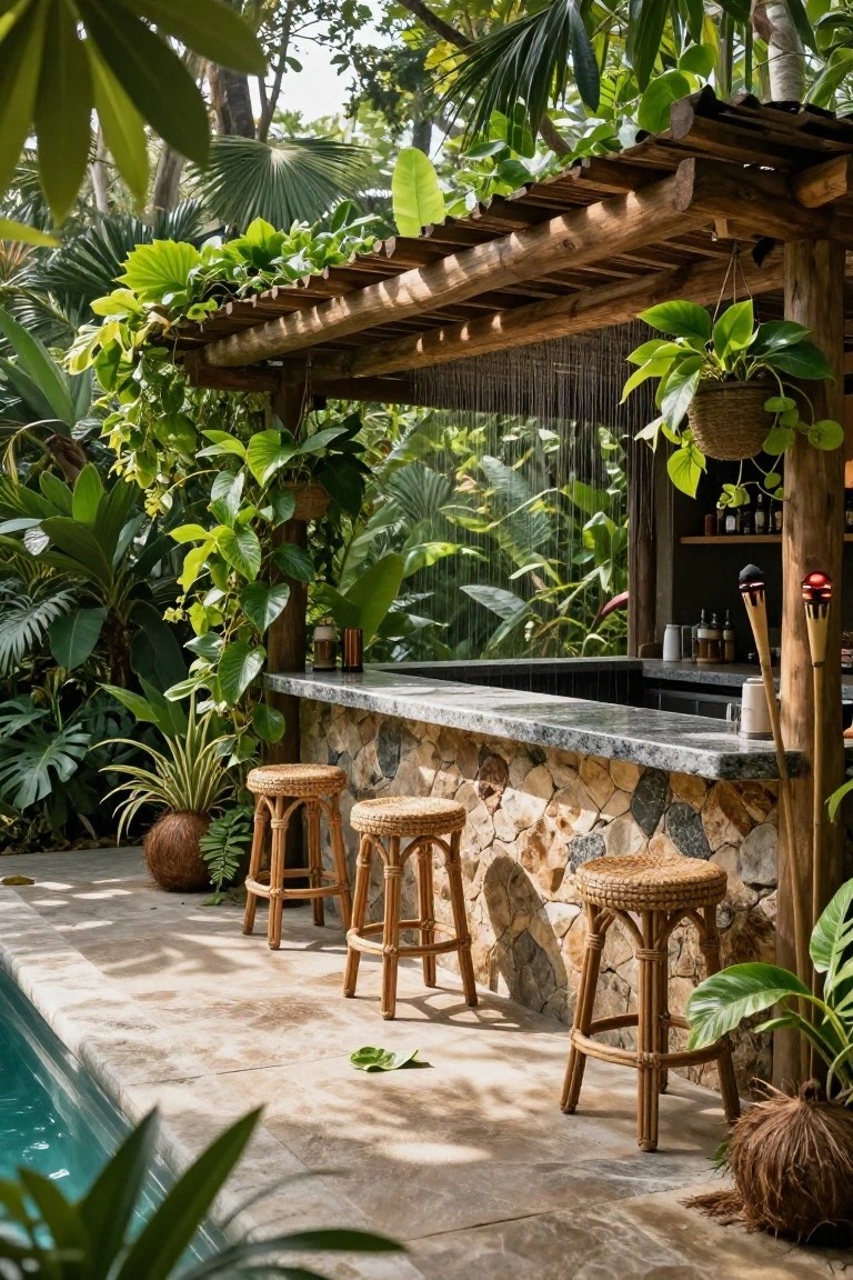 23 Fun Pool Pergola With Bar Ideas For Social Evenings Wooden pergola structure with bar counter made of stone, three rattan bar stools, tropical plants and vines, tiki torches, and turquoise pool edge in a lush green outdoor setting.