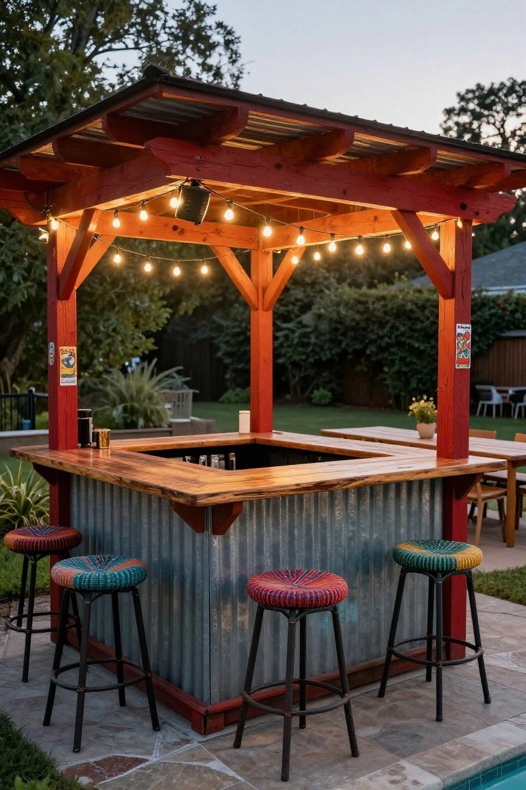 23 Fun Pool Pergola With Bar Ideas For Social Evenings Wooden pergola with red-stained beams and corrugated metal roof over a square outdoor bar with live-edge wood countertop and colorful woven stools on a stone patio next to a pool at dusk with string lights.