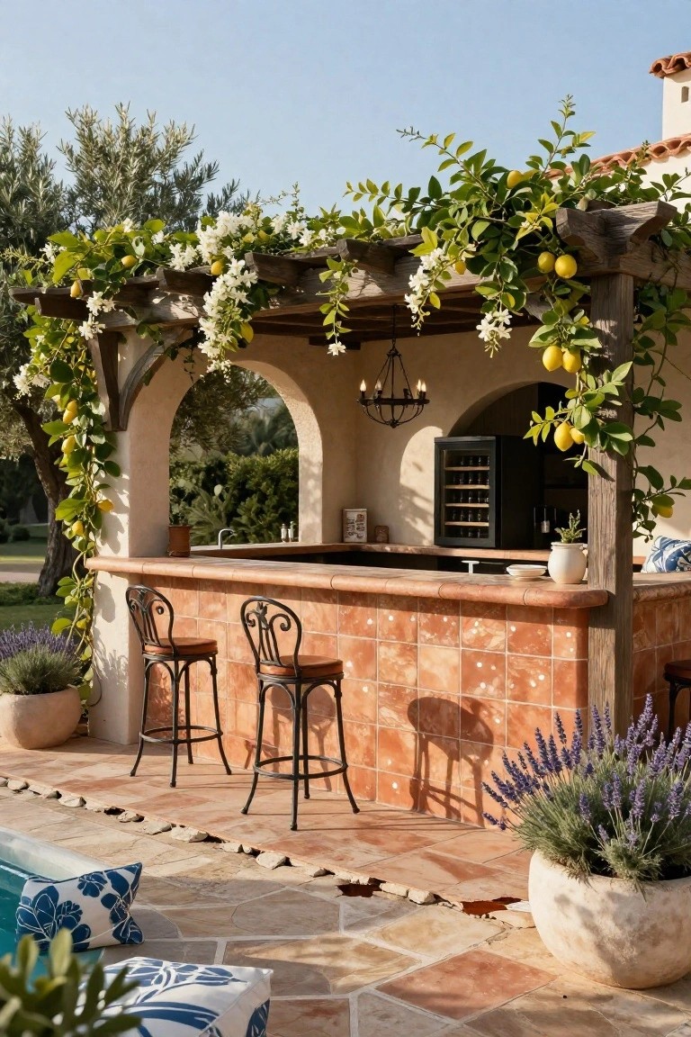 23 Fun Pool Pergola With Bar Ideas For Social Evenings Wooden pergola archway draped with green vines, white jasmine flowers, and yellow lemons over a terracotta-tiled outdoor bar counter with two black metal stools, a wine fridge, and blue pool nearby.