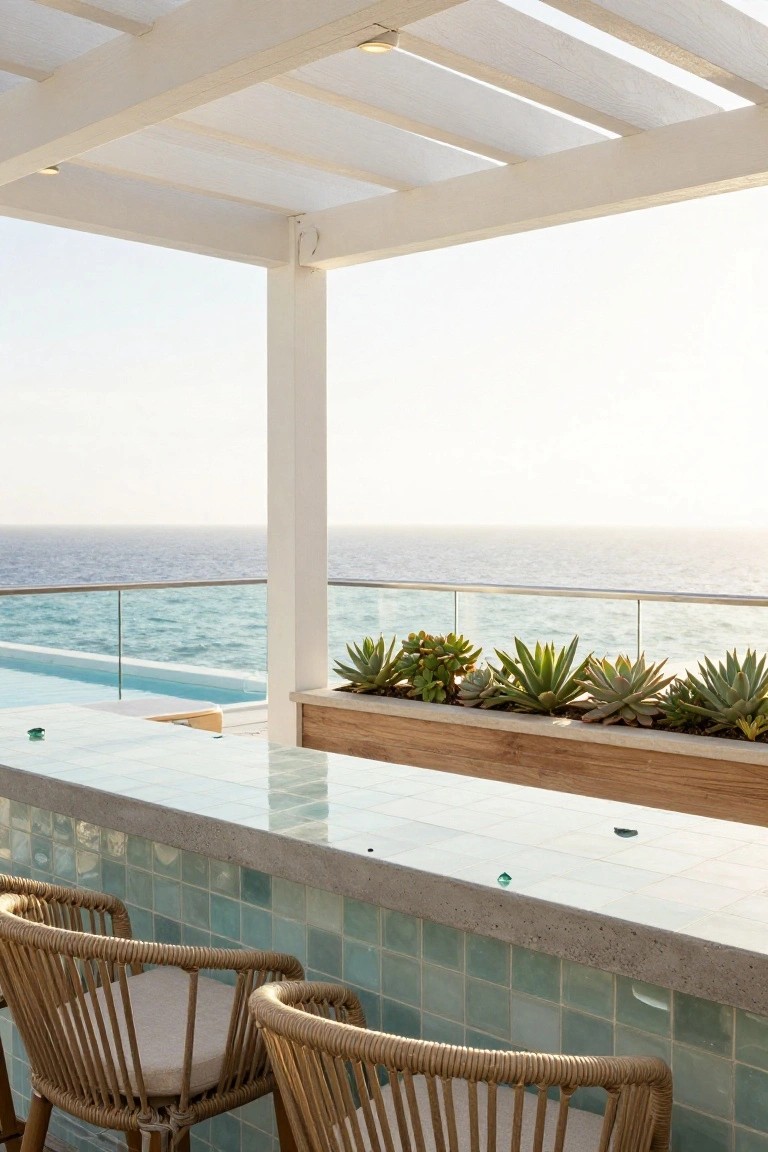 23 Fun Pool Pergola With Bar Ideas For Social Evenings White slatted pergola shades a teal-tiled bar counter with two rattan barstools beside an infinity pool, wooden planters of succulents along glass railing, and ocean horizon beyond.