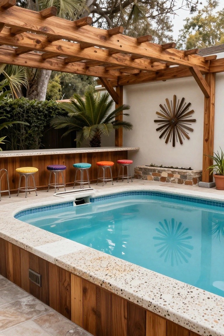 23 Fun Pool Pergola With Bar Ideas For Social Evenings Wooden pergola covers a bar with colorful cushioned stools along the edge of a rectangular blue pool, with palms and plants nearby.