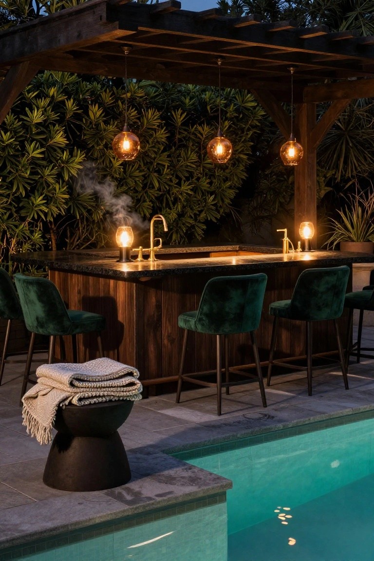 23 Fun Pool Pergola With Bar Ideas For Social Evenings Wooden pergola covering an outdoor bar with black granite countertop, gold faucet and sink, emerald green velvet barstools, hanging orange globe lights, potted plants, throw blanket on stool, and turquoise pool adjacent.