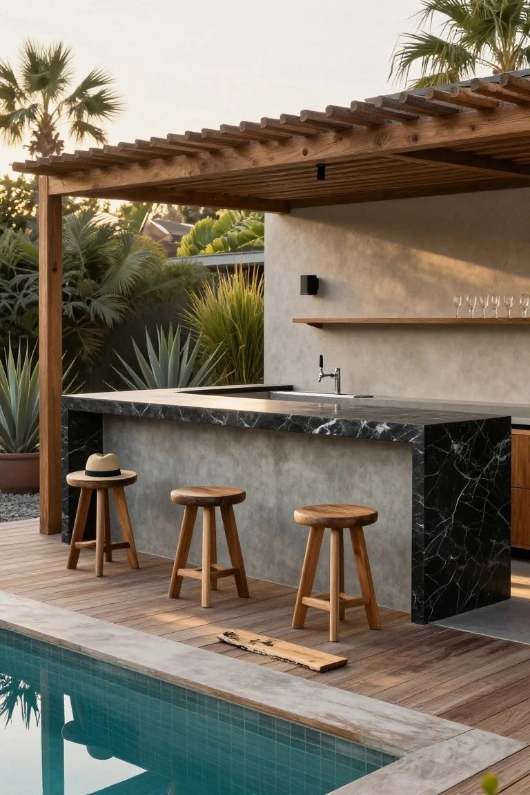 23 Fun Pool Pergola With Bar Ideas For Social Evenings Wooden pergola shading an outdoor bar with black marble countertop, sink, wooden stools, and wine glasses on a shelf, next to a turquoise tiled pool surrounded by palms and agave plants.