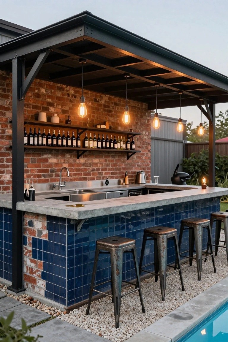 23 Fun Pool Pergola With Bar Ideas For Social Evenings Outdoor concrete countertop bar with stainless steel sink, exposed brick backsplash and shelves stocked with bottles, blue tiled base, four metal stools, under a black metal pergola beside a pool with gravel ground and potted plants.