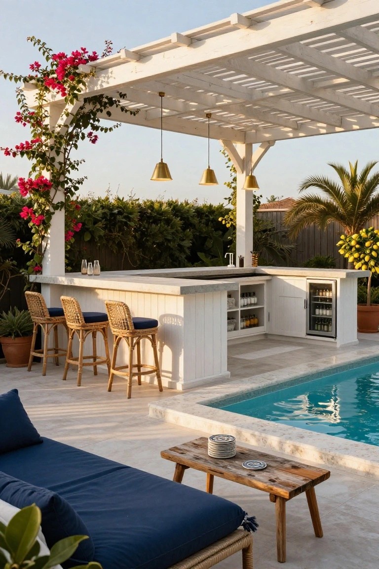 23 Fun Pool Pergola With Bar Ideas For Social Evenings White wooden pergola with climbing pink bougainvillea covers an outdoor bar with rattan stools, built-in sink, fridge, and cabinets next to a turquoise pool, with a blue daybed and plants nearby.