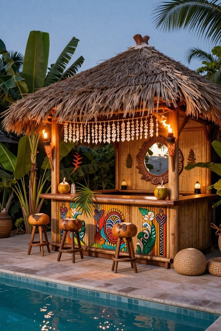 23 Fun Pool Pergola With Bar Ideas For Social Evenings Thatched tiki-style pergola bar with bamboo counter, colorful carved stools, tiki torches, shell garlands, and tropical plants beside a turquoise swimming pool on a tiled patio.