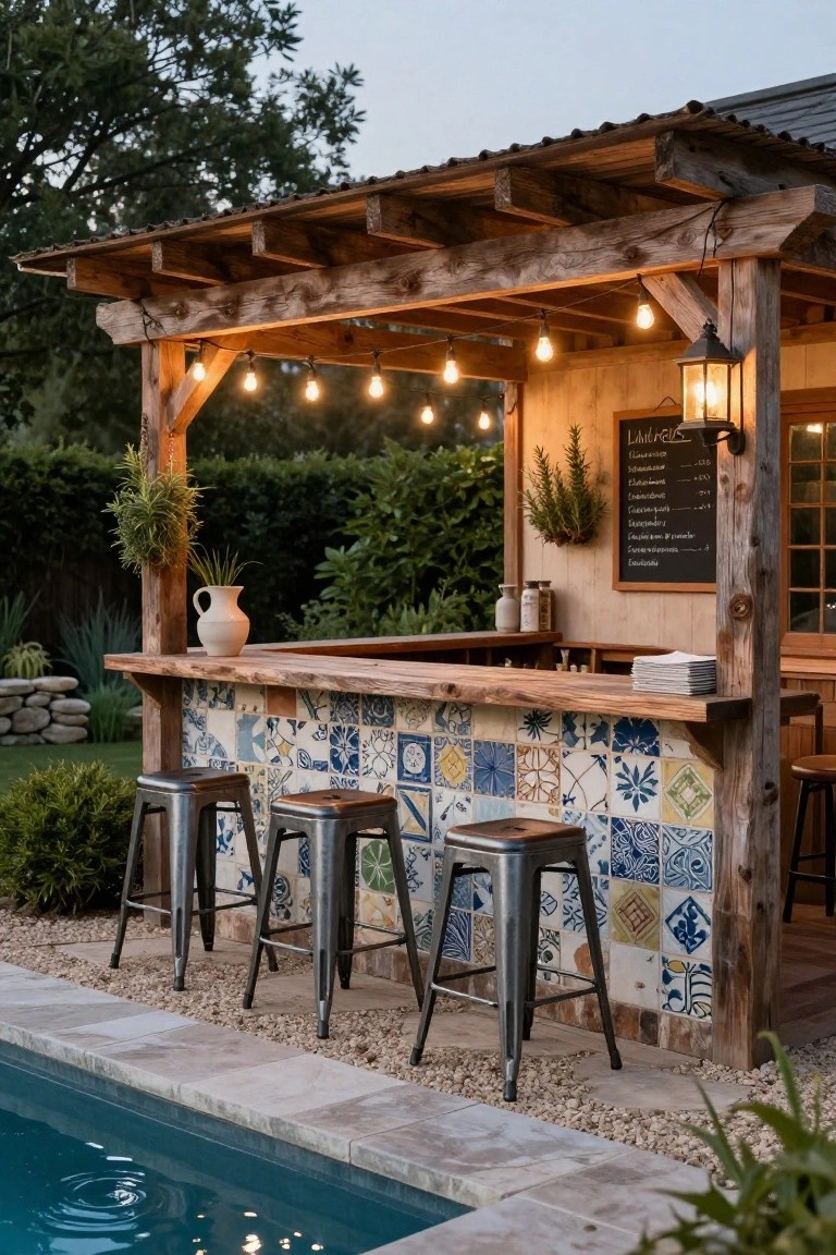 23 Fun Pool Pergola With Bar Ideas For Social Evenings Wooden pergola structure with built-in bar featuring blue and white patterned tile backsplash, metal bar stools, string lights, potted plants, and chalkboard menu, adjacent to an in-ground pool in a backyard setting.