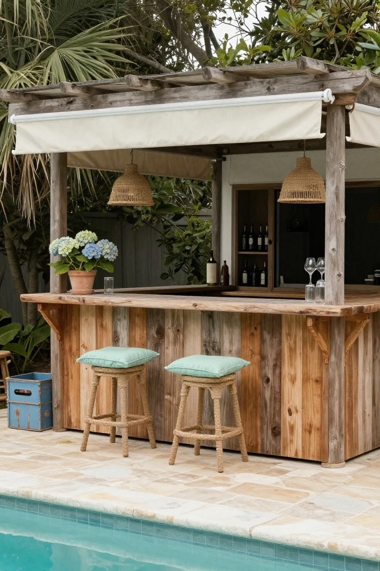 23 Fun Pool Pergola With Bar Ideas For Social Evenings Rustic wooden bar under a pergola with rattan stools and green cushions, hydrangea flowers and glassware on counter, wine bottles on shelves behind, next to turquoise pool tiles and tropical greenery.