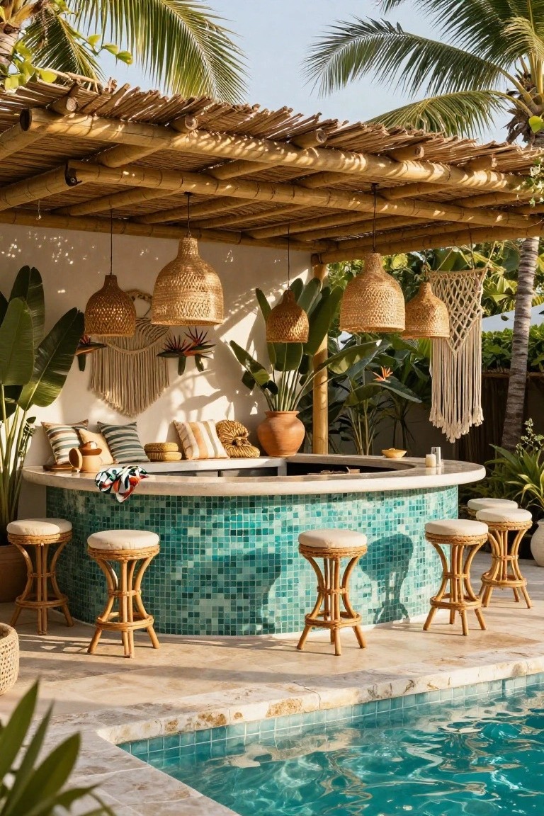 23 Fun Pool Pergola With Bar Ideas For Social Evenings Curved turquoise mosaic-tiled bar with rattan stools under a bamboo thatched pergola beside a swimming pool, featuring tropical plants, hanging woven lanterns, and palm trees.
