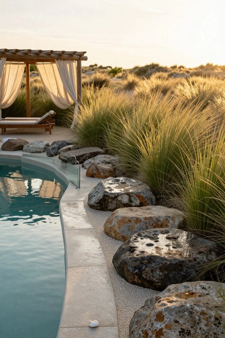 23 Functional Fiberglass Pool Landscape Ideas That Complement the Shape Curved turquoise pool edged by large irregular rocks and tall golden grasses, with a glass handrail, pebble ground cover, and distant wooden pergola with sheer curtains and lounger against dune landscape at sunset.