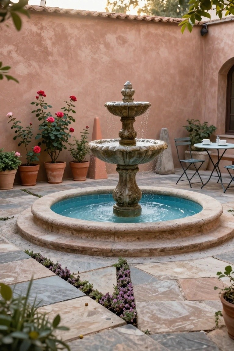 23 Functional Fiberglass Pool Landscape Ideas That Complement the Shape A circular stone fountain with blue water and cascading tiers centered in a terracotta courtyard, surrounded by potted roses, low plants along stone pavers, and a small round metal table with two folding chairs nearby.