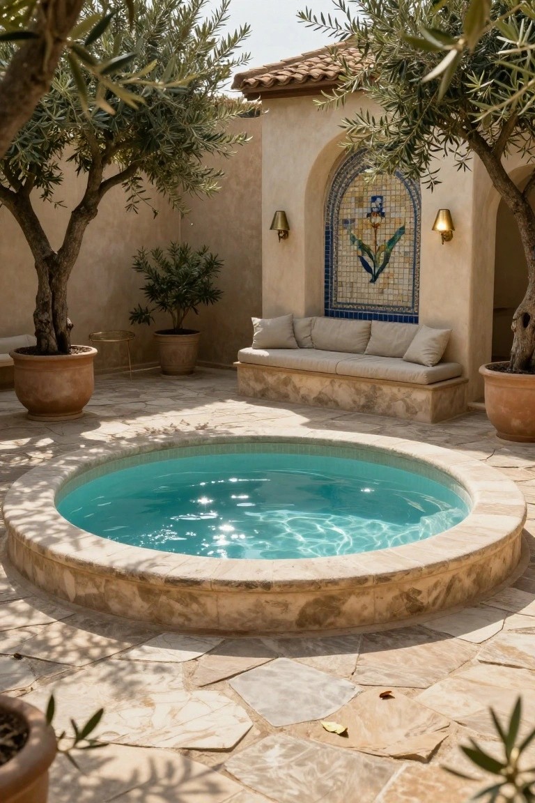 23 Functional Fiberglass Pool Landscape Ideas That Complement the Shape Round turquoise pool centered in a stone-paved courtyard with olive trees, potted plants, a beige-cushioned bench built into a stucco wall featuring a blue and white tiled archway and lamps, under a clear sky.
