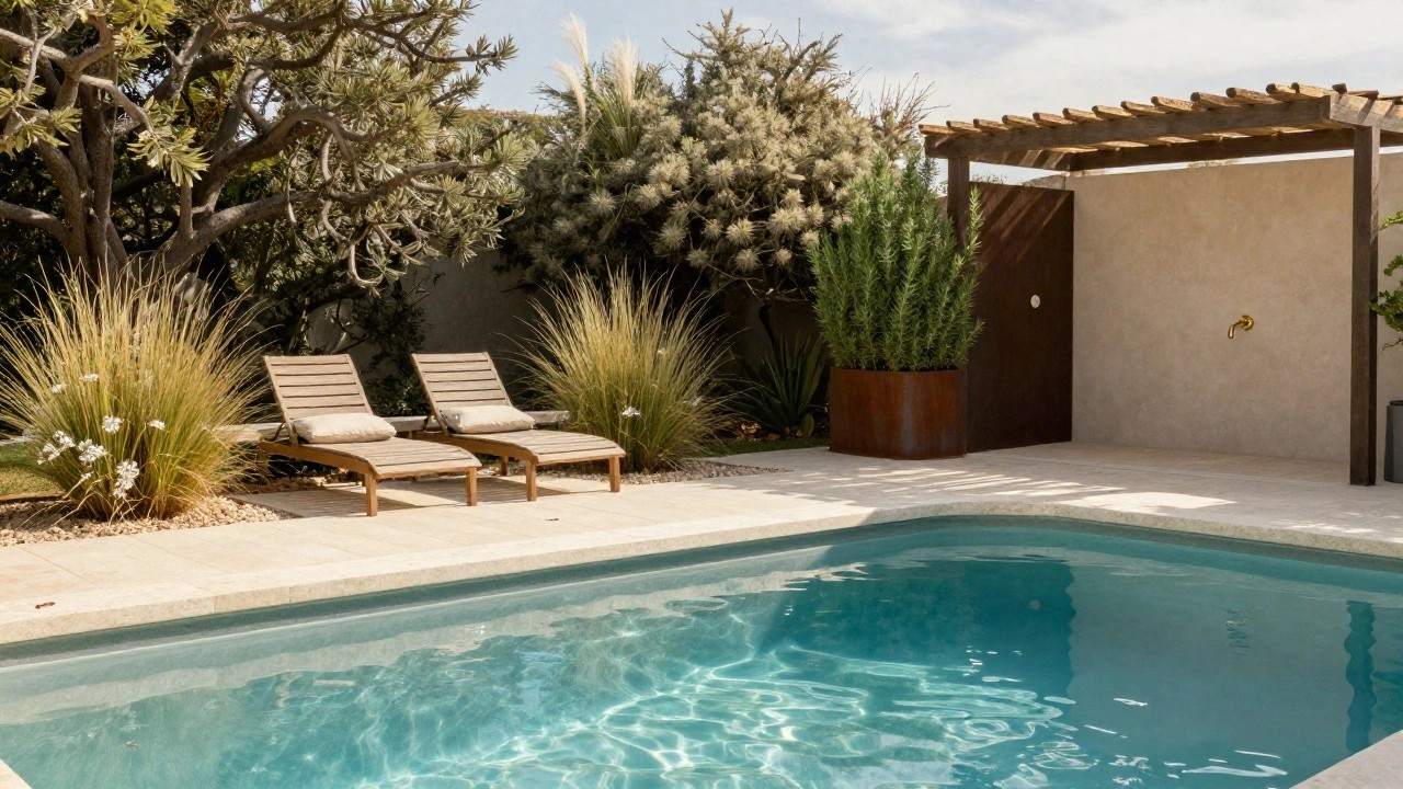 Rectangular turquoise fiberglass pool with light beige travertine deck, two adjacent wooden lounge chairs with cushions, Corten steel rectangular planter filled with grasses, outdoor shower with woven screen nearby, and tropical plants and trees in the background.