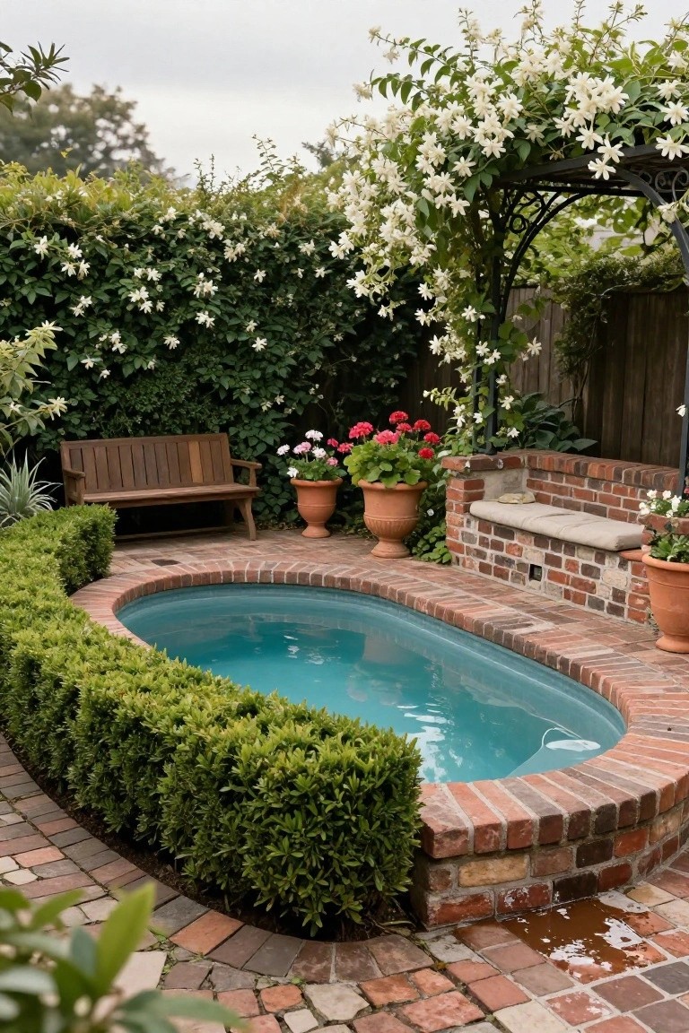 23 Functional Fiberglass Pool Landscape Ideas That Complement the Shape Small oval turquoise pool edged in brick and surrounded by curved low boxwood hedges, with a wooden bench, brick built-in seating, potted geraniums, and white flowering vines on a metal arbor in a garden setting.