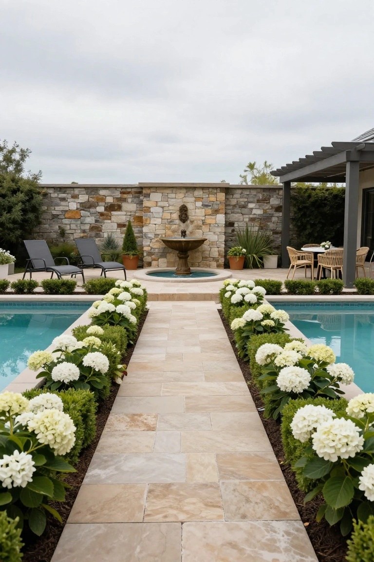23 Functional Fiberglass Pool Landscape Ideas That Complement the Shape Travertine stone pathway flanked by white hydrangea bushes and boxwood shrubs alongside a rectangular pool, leading to a stone fountain against a textured wall with lounge chairs nearby.