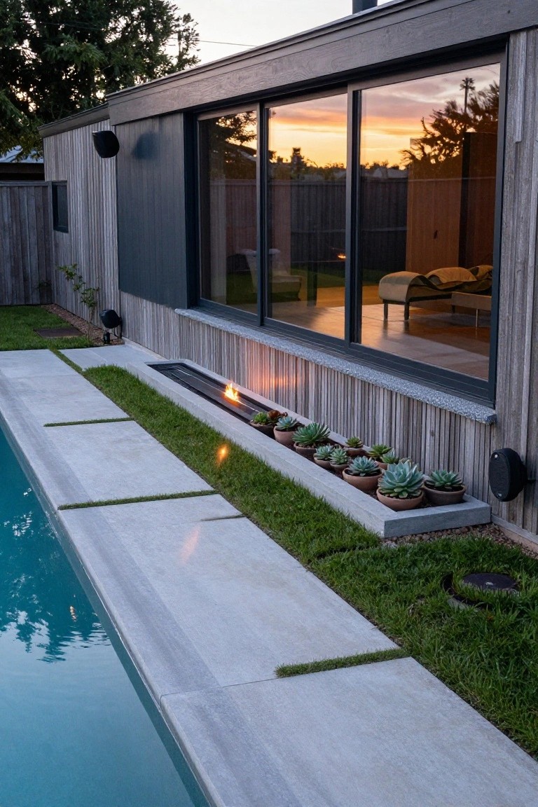 23 Functional Fiberglass Pool Landscape Ideas That Complement the Shape Modern wood-clad house wall with large windows overlooking a pool, concrete deck slabs separated by grass strips along the pool edge, linear fire trough with flames, and terracotta pots of succulents in a raised concrete bed.