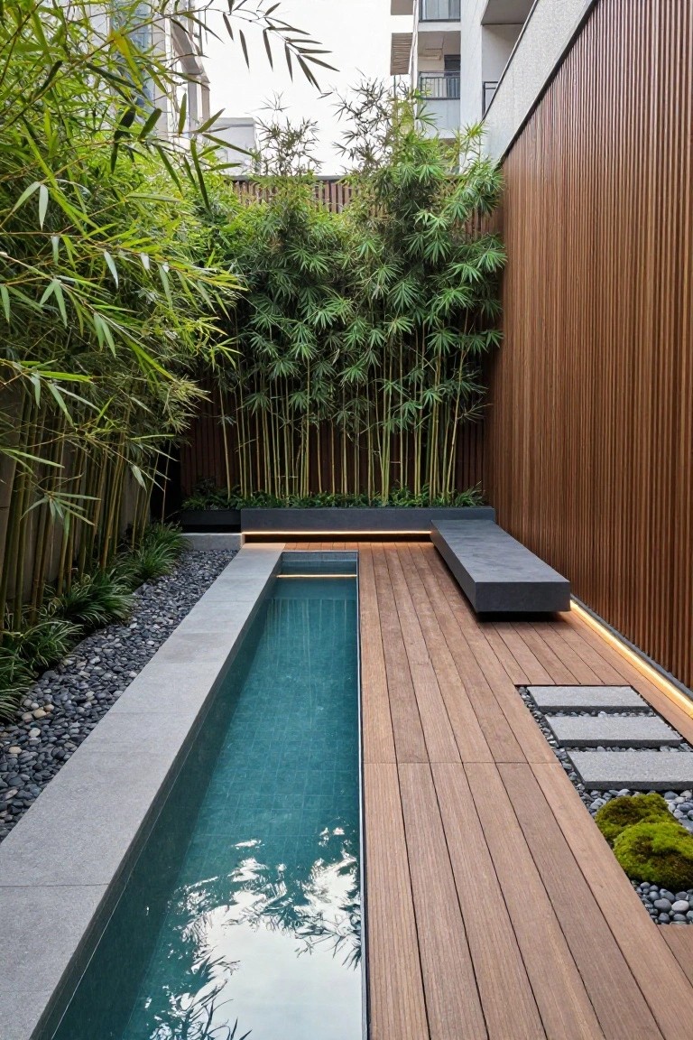 23 Functional Fiberglass Pool Landscape Ideas That Complement the Shape Narrow turquoise pool beside wooden deck with concrete bench, black pebble borders, moss plants, and tall bamboo screening against wooden walls in a compact backyard.