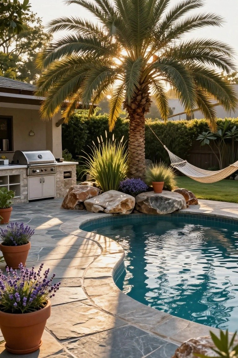 23 Functional Fiberglass Pool Landscape Ideas That Complement the Shape Curved turquoise pool edged with large gray boulders and potted lavender plants on a slate patio, next to an outdoor kitchen with stainless steel grill, white hammock, tall palm tree, and green lawn in a backyard at sunset.