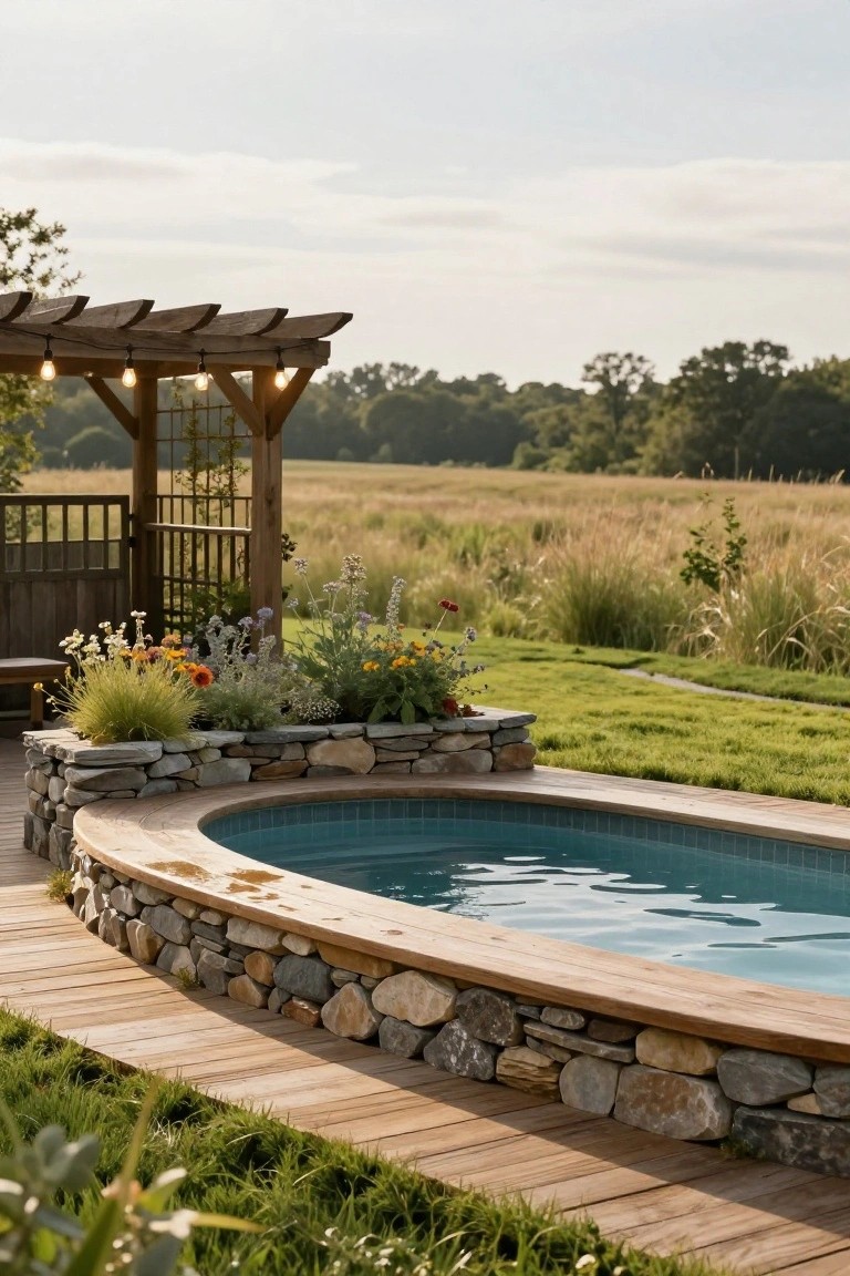 23 Functional Fiberglass Pool Landscape Ideas That Complement the Shape Oval blue-tiled fiberglass pool edged by curved dry-stacked natural stone wall topped with wooden decking, surrounded by plants, grass, and a pergola structure with string lights.