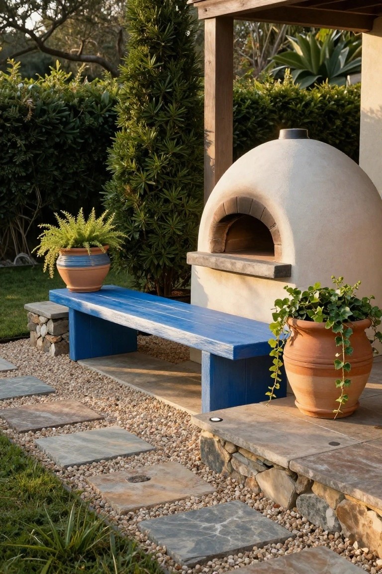 23 Functional Fiberglass Pool Landscape Ideas That Complement the Shape White dome-shaped wood-fired pizza oven with arched brick entry next to a blue wooden bench on stone supports, surrounded by gravel, stone pavers, grass, and potted plants in a backyard patio area.