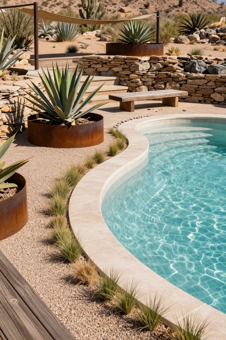 23 Functional Fiberglass Pool Landscape Ideas That Complement the Shape Curved pool with travertine edge surrounded by gravel ground cover, large agave plants in corten steel ring planters, fountain grasses, stone retaining walls, wooden bench, and desert landscape with cacti and shade sail.