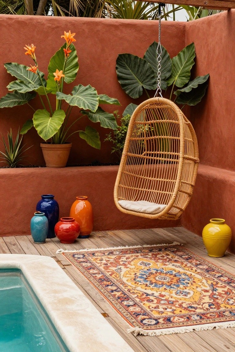 23 Functional Fiberglass Pool Landscape Ideas That Complement the Shape Poolside Hanging Swing Chair
