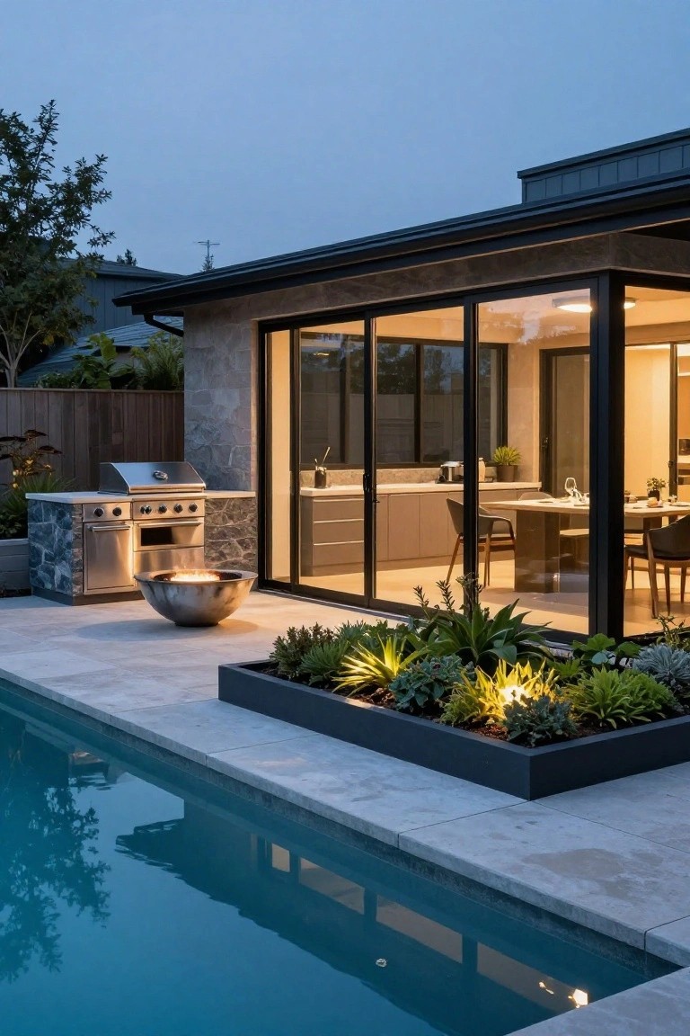 23 Functional Fiberglass Pool Landscape Ideas That Complement the Shape Dusk view of a rectangular fiberglass pool beside a stone-paved patio with built-in stainless steel BBQ on rock base, metal fire bowl, black rectangular planter of succulents and agave, and modern kitchen through glass walls.