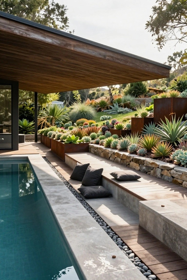 23 Functional Fiberglass Pool Landscape Ideas That Complement the Shape Turquoise fiberglass pool with pebble and wood decking, built-in concrete steps with gray cushions, stacked corten steel planters filled with succulents and agaves, stone retaining walls, and surrounding drought-tolerant plants under a wooden overhang.