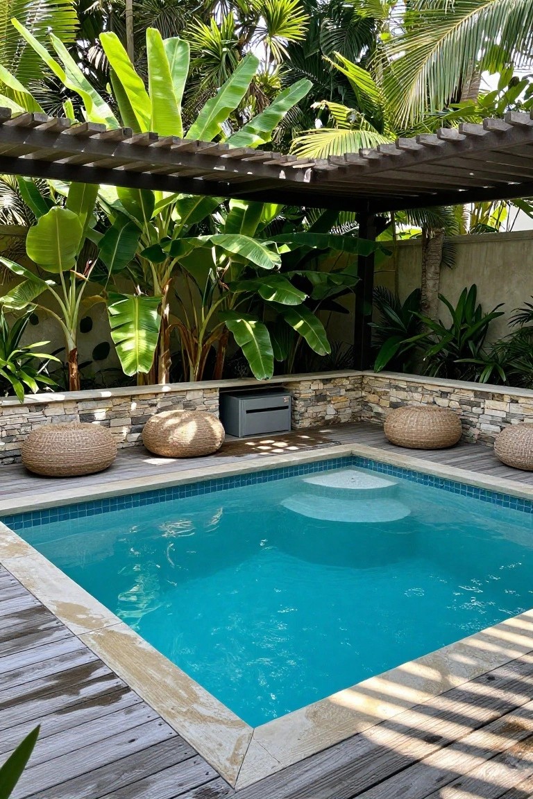 23 Functional Fiberglass Pool Landscape Ideas That Complement the Shape Small square pool with turquoise tiles and built-in steps, surrounded by large round woven rattan poufs on stone walls, tropical plants and pergola in the background