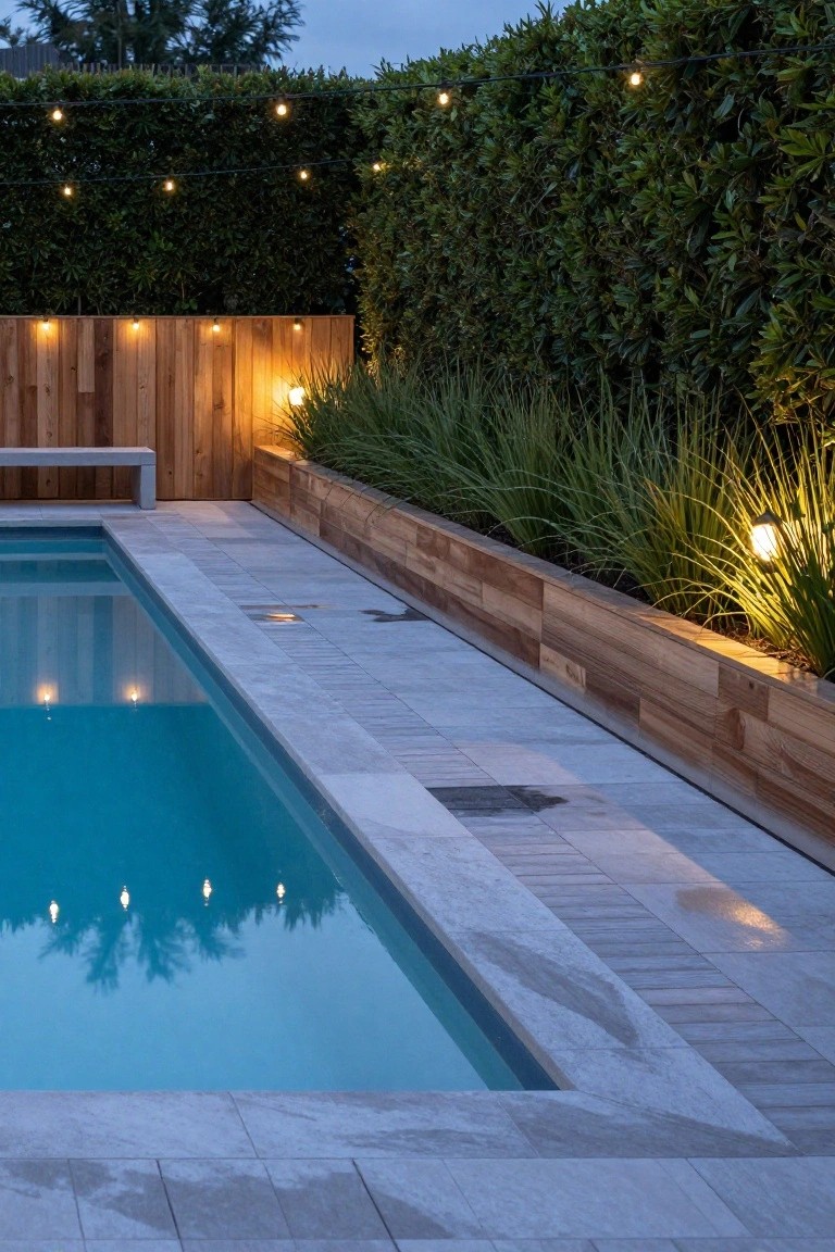 23 Functional Fiberglass Pool Landscape Ideas That Complement the Shape Rectangular pool with turquoise water and gray stone decking at dusk, edged by raised wooden planters filled with tall grasses, wooden fence, green hedge with string lights, and ground lights.