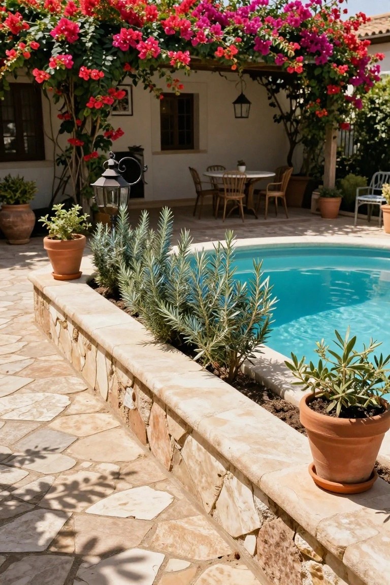 23 Functional Fiberglass Pool Landscape Ideas That Complement the Shape Kidney-shaped pool with turquoise water edged by a stone wall topped with a row of rosemary bushes, terracotta pots, stone path, and nearby outdoor table with chairs under bougainvillea-covered pergola by white house wall.