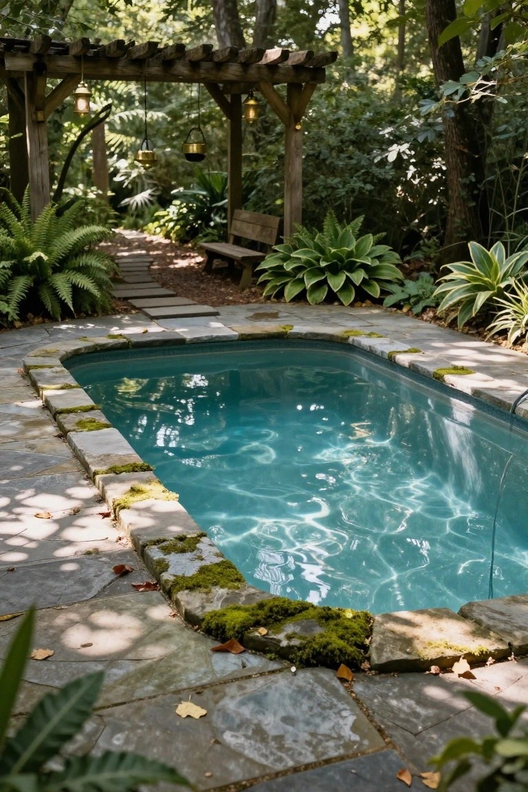 23 Functional Fiberglass Pool Landscape Ideas That Complement the Shape A curved turquoise pool surrounded by moss-covered flagstone decking in a lush wooded garden with wooden arbor overhead, hanging lanterns, bench, ferns, hostas, and a stone path.
