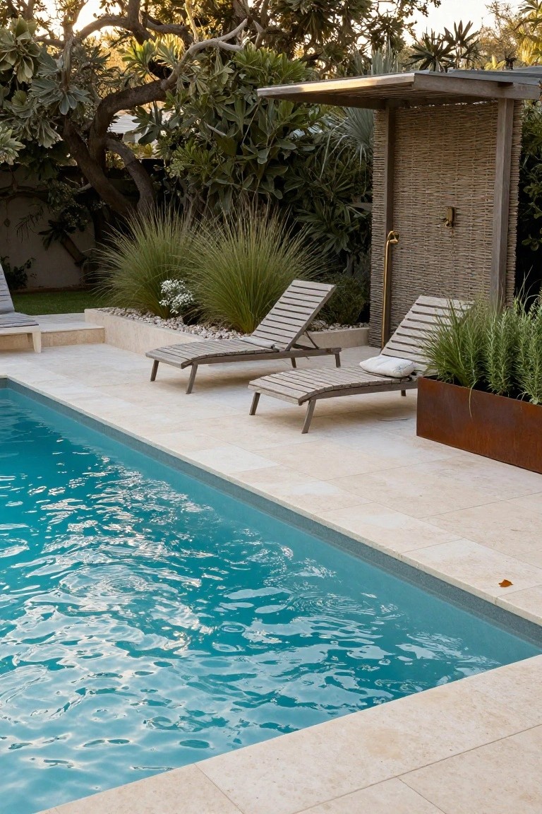 23 Functional Fiberglass Pool Landscape Ideas That Complement the Shape Rectangular turquoise fiberglass pool with light beige travertine deck, two adjacent wooden lounge chairs with cushions, Corten steel rectangular planter filled with grasses, outdoor shower with woven screen nearby, and tropical plants and trees in the background.
