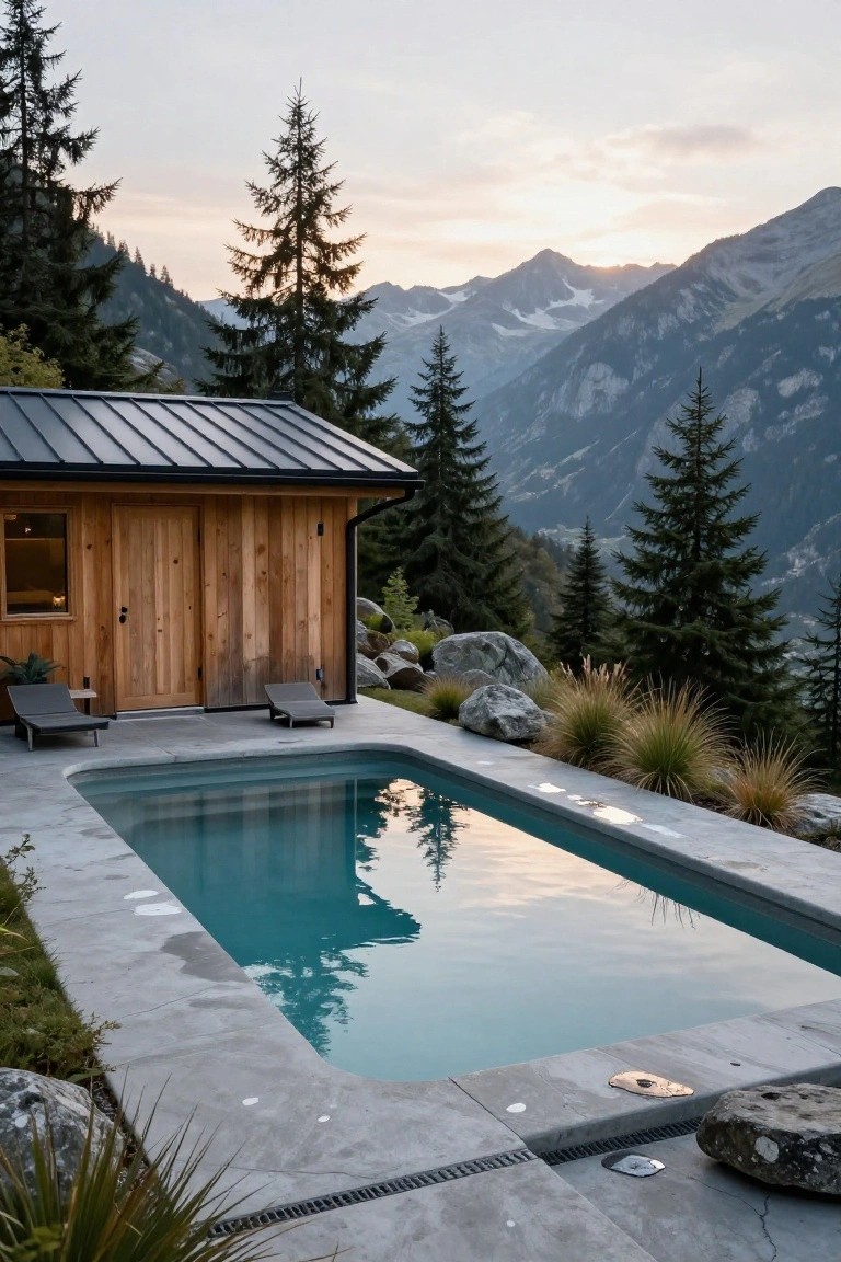 23 Functional Fiberglass Pool Landscape Ideas That Complement the Shape Wooden cabin with black metal roof and cedar siding next to a narrow rectangular turquoise pool on gray concrete decking, with lounge chairs, rocks, ornamental grasses, pine trees, and distant snow-capped mountains at dusk.