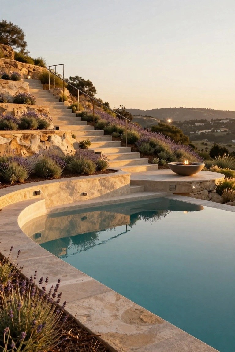 23 Functional Fiberglass Pool Landscape Ideas That Complement the Shape Curved blue pool on a hillside terrace with wide stone steps leading upward, lined by lavender plants and rocks, plus a round fire bowl at the pool edge.