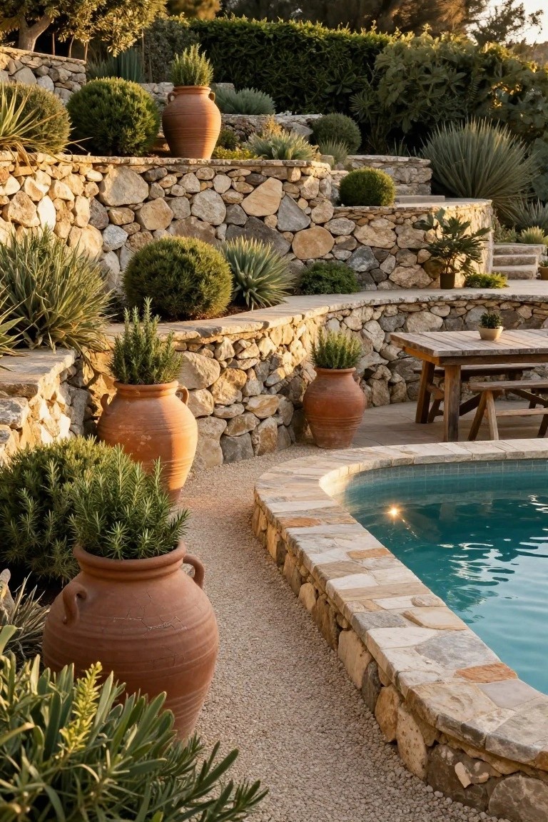23 Functional Fiberglass Pool Landscape Ideas That Complement the Shape Curved fiberglass pool with stone coping, bordered by terraced dry-stacked stone retaining walls planted with succulents, agaves, boxwoods, and rosemary in large terracotta pots, plus a wooden picnic table on a gravel path.