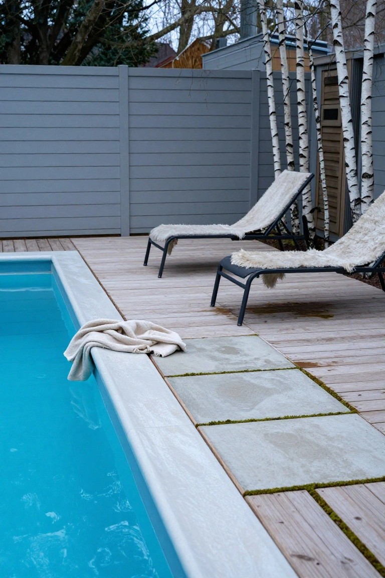 23 Functional Fiberglass Pool Landscape Ideas That Complement the Shape Blue rectangular fiberglass pool with white stone coping and gray pavers transitioning to light wood deck, two sheepskin-covered loungers on the deck, towel draped on pool edge, gray fence and birch trees nearby.