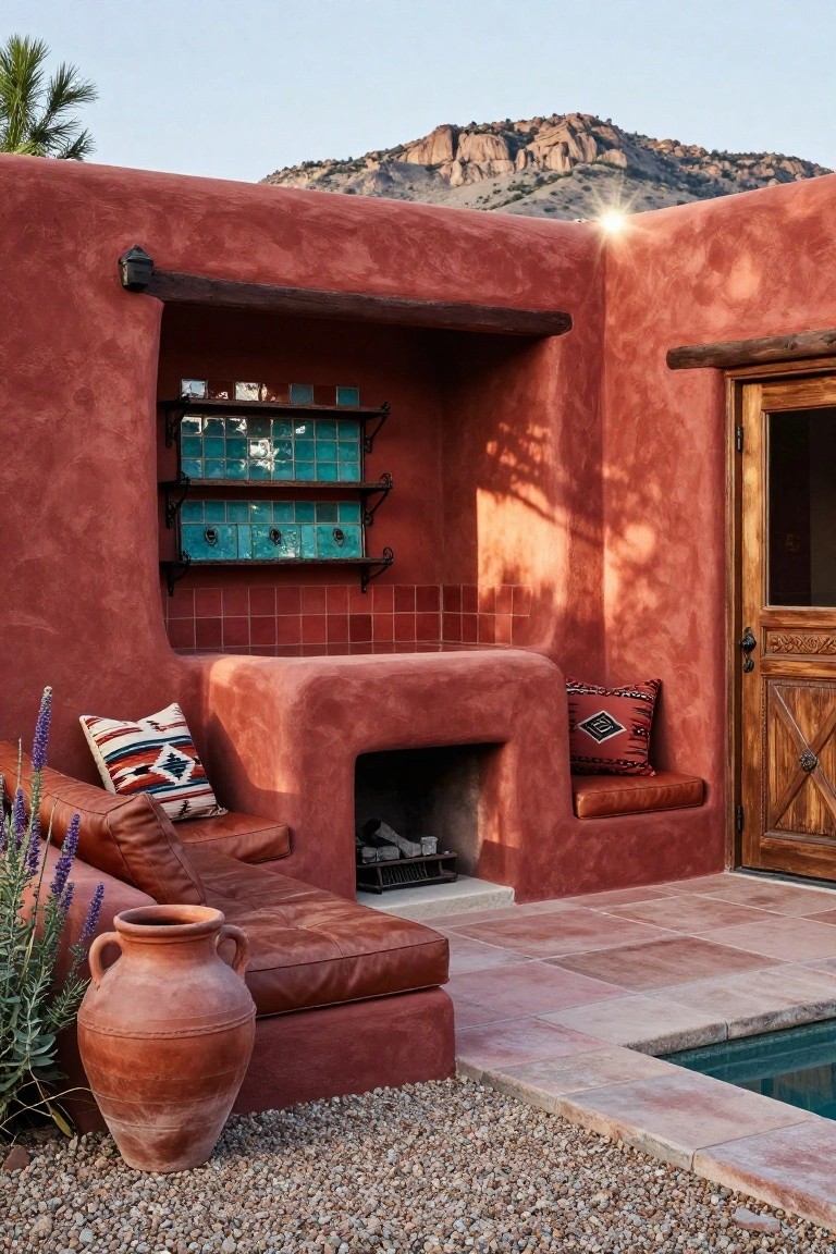 Red adobe outdoor wall with built-in fire pit, cushioned benches, turquoise tiled shelves, wooden door, potted plants, and pool edge nearby.