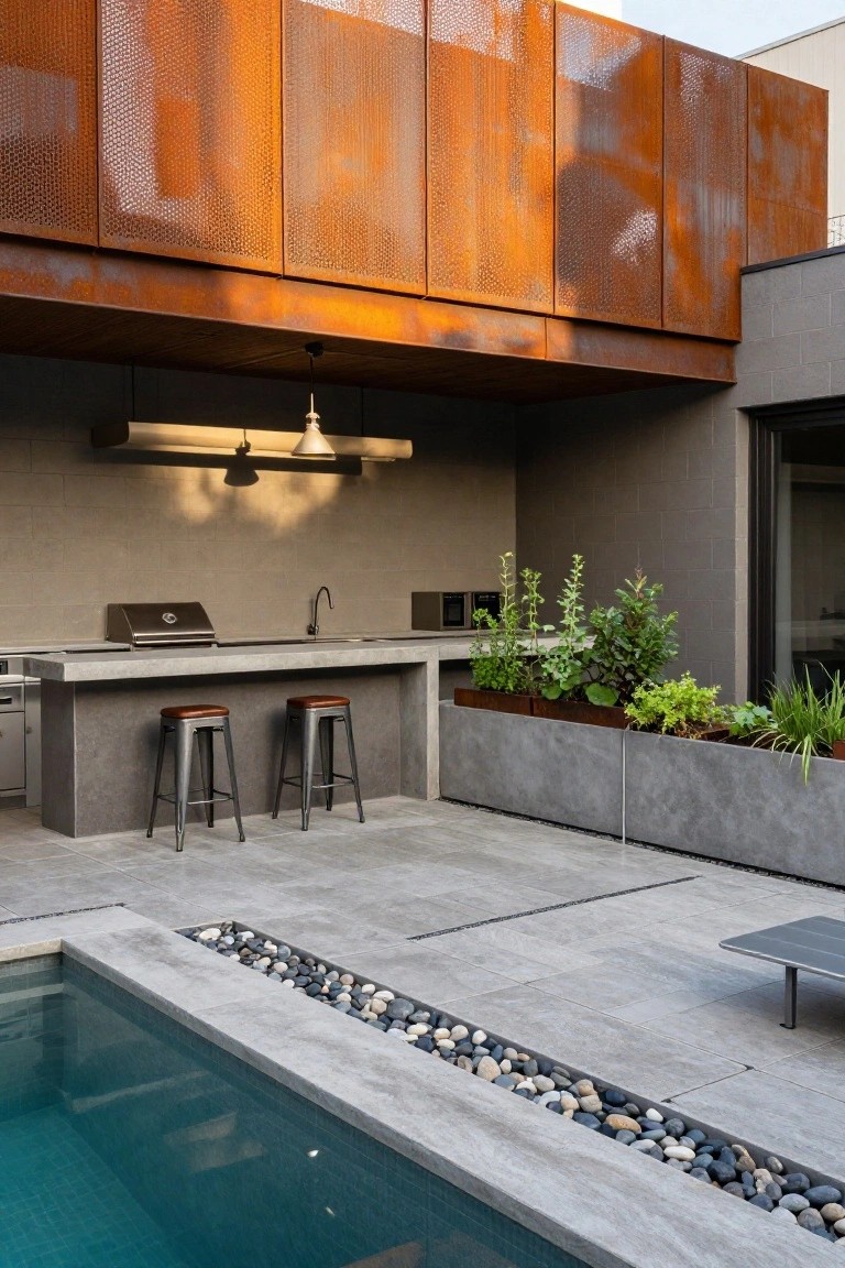 Outdoor kitchen bar made of gray concrete with integrated stainless steel grill, sink, and drawer units, flanked by metal planters with herbs and greens, two brown leather stools, under perforated orange rusty metal canopy, adjacent to turquoise tiled pool with pebble edge strip.